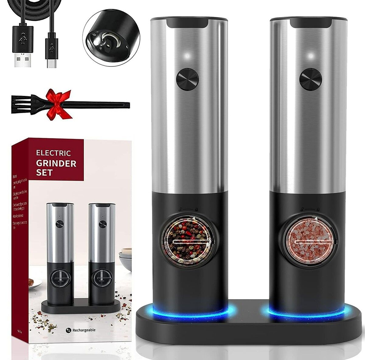 Refillable Auto Electric Salt and Pepper Grinder Set with USB Rechargeable Base,Bright LED light