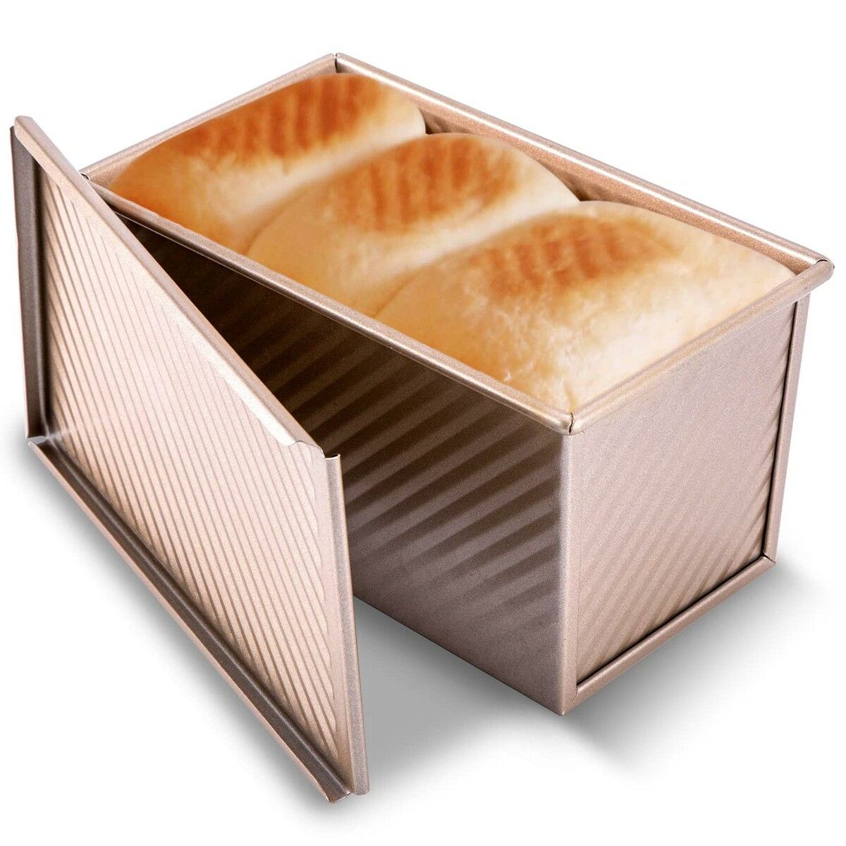 Pullman Loaf Pan/Bread Toast Box Mold with Corrugated design promoting crust formation,durable carbon steel for even baking, moist and evenly baked interior ensuring Lid