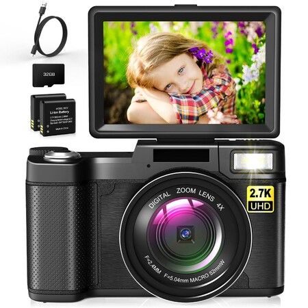 Digital Vlogging Camera: 2.7K FHD, 30MP with 3" Flip Screen and 32GB Card for YouTube, Teens, and Seniors
