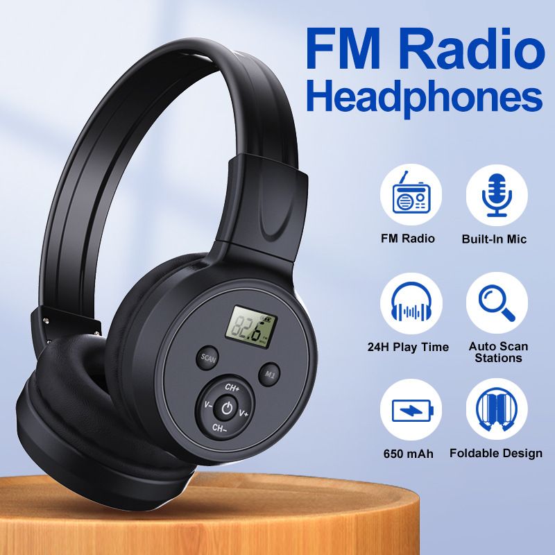 crystal-clear FM Radio Headphones with Built-in Mic,Automatic Scanning,Memory Foam Comfort,Foldable Design