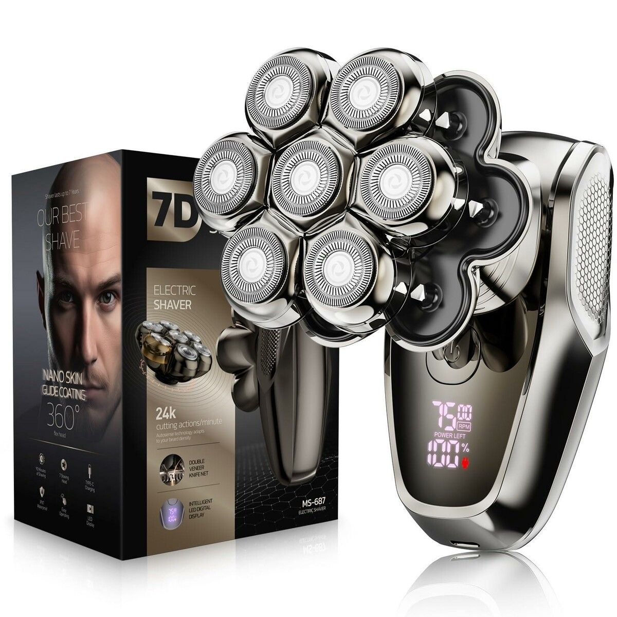 7D Electric Dry/Wet Head Shaver for Bald Men with Detachable Head, LED Display, and IPX7 Waterproof