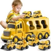 Kids 5-in-1 Construction Truck Toys, Friction Powered Vehicles with Carrier for Imaginative Play, Perfect Age 3+ Christmas or Birthday Gifts