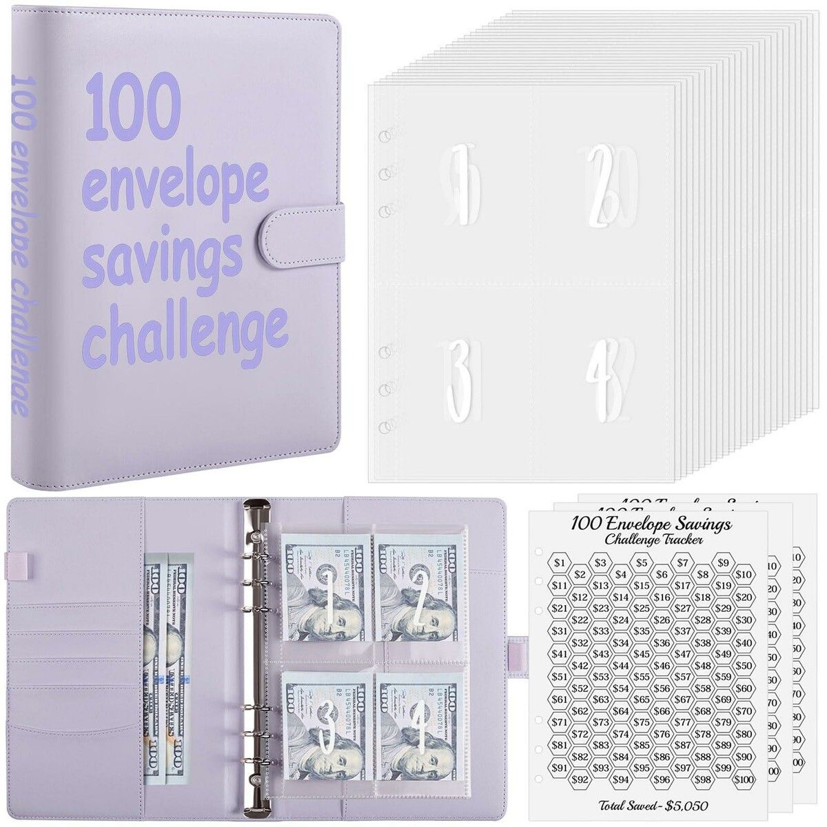 100 Envelope Challenge Binder/A5 Money Saving Budget Binder for Saving Money(Purple) Purple