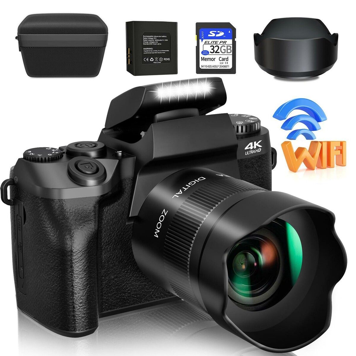 4K Digital Camera with WiFi,Touch Screen,64MP Vlogging,32GB SD Card,Lens Hood,3000mAH Battery,Front & Rear Cameras-Black