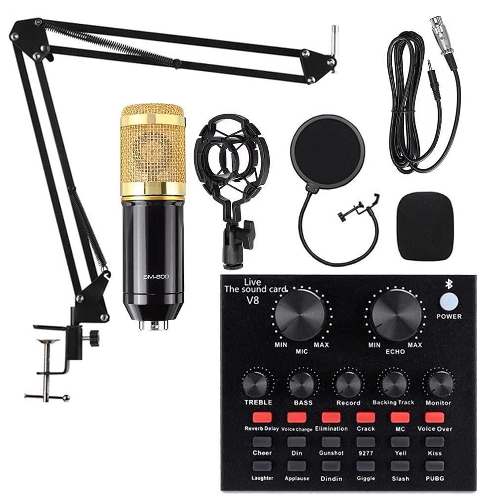 Livestream Mic Podcast Microphone Bundle with Sound Card, Adjustable Shock Mount, and Gold Finish