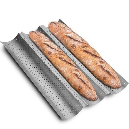 French Bread Baking Nonstick Baguette Pan Bakery Tray for 3 Loaves 15" x 9",Silver