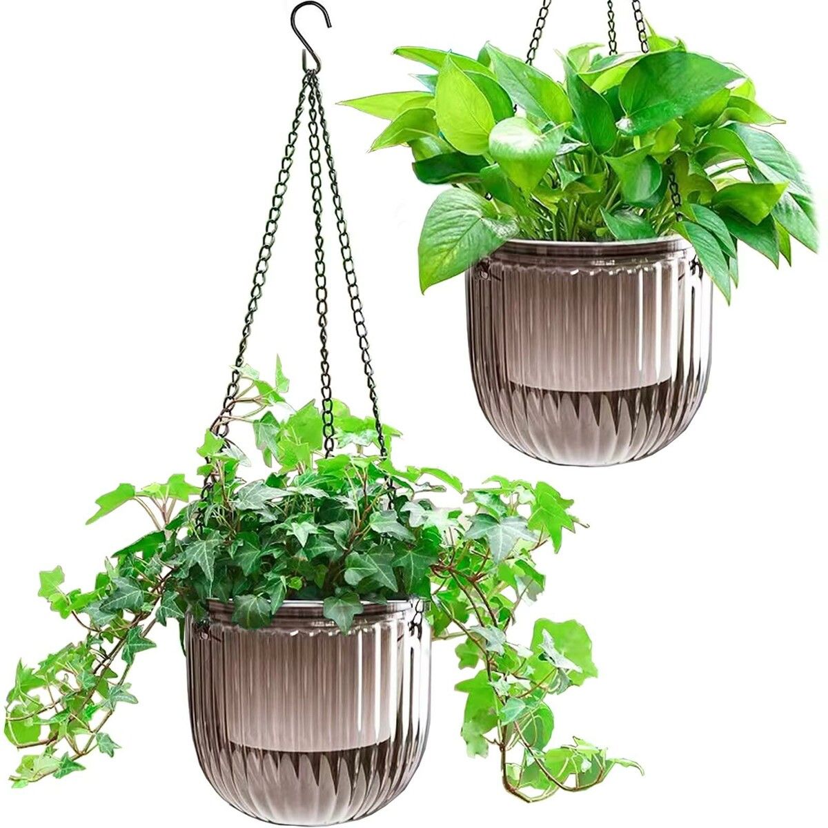 2-Pack 6.5 Inch Self-Watering Hanging Planters with 3 Hooks, Drainage Holes for Indoor and Outdoor Use (Grey)