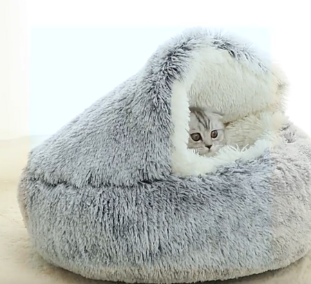 Cozy Round Plush Cat Bed with Hood for Indoor Cats and Small Dogs, Soothing and Anti-Anxiety, Waterproof Bottom, Washable (50cm, Grey)
