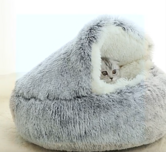 Cozy Round Plush Cat Bed with Hood for Indoor Cats and Small Dogs, Soothing and Anti-Anxiety, Waterproof Bottom, Washable (50cm, Grey)