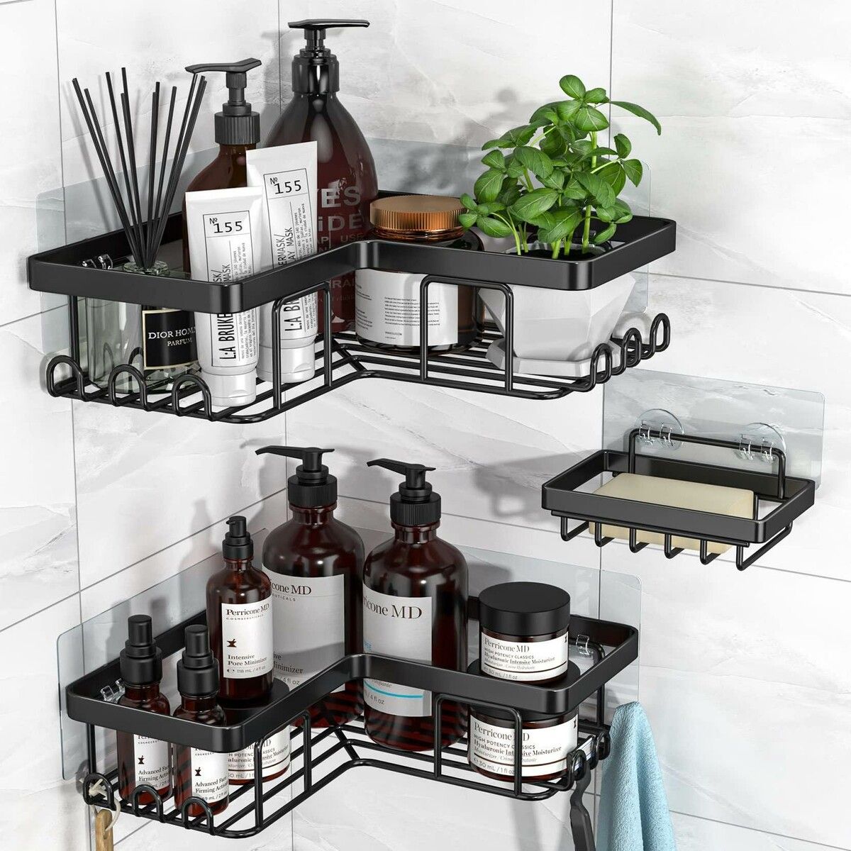 Adhesive Corner Shower Caddy with Soap Holder,12 Hooks,Rustproof Organizer,No-Drill Wall Mounted Shower Rack