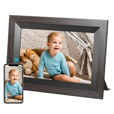 Smart WiFi 10.1 Inch Photo Frame with 1280x800 IPS LCD Touch Screen,Auto-Rotate Portrait and Landscape,Built in 32GB Memory (Black Wooden Frame)