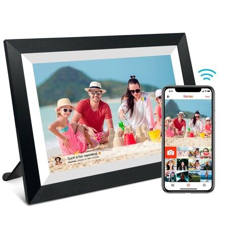 10.1In Digital Smart WiFi Photo Frame with 1280x800 IPS LCD Touch Screen,Auto-Rotation,Built-in 32GB Memory (Black Wooden Frame)