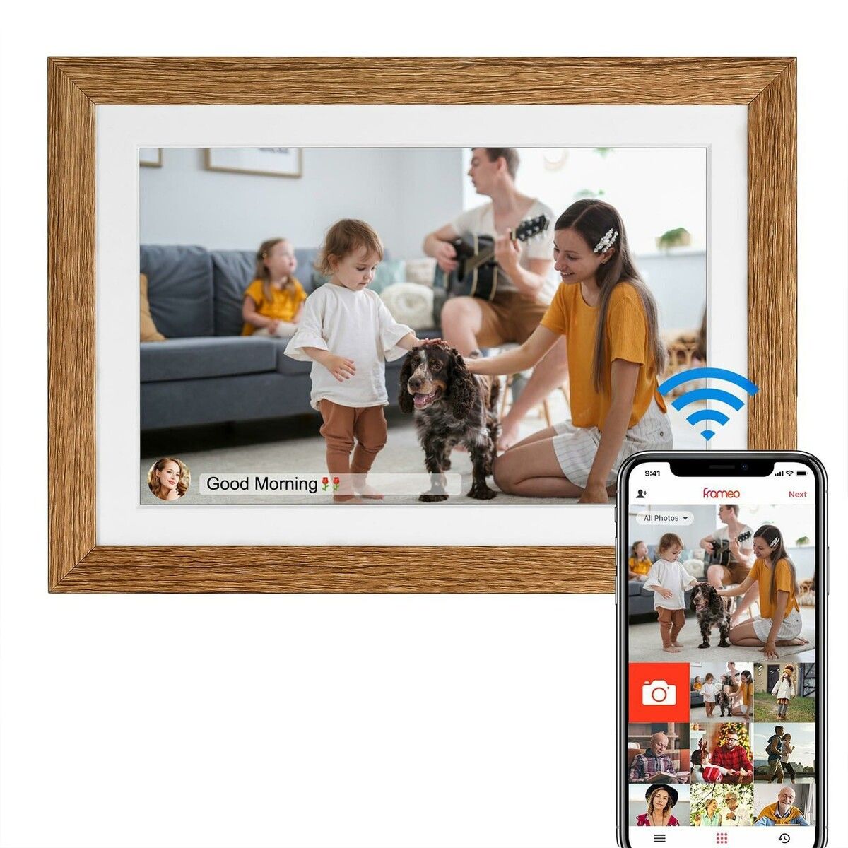 Smart WiFi 10.1-Inch Digital Photo Frame 1280x800 IPS LCD Touchscreen Auto-Rotate Portrait Landscape 16GB Memory Instantly Share Moments via Frameo App (Wooden)