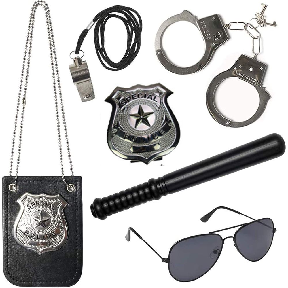 Police Pretend Play Toy Set for Kids, Toddler Boys Halloween Costume Including Metal Handcuffs Police Badge Baton Sunglasses Whistle