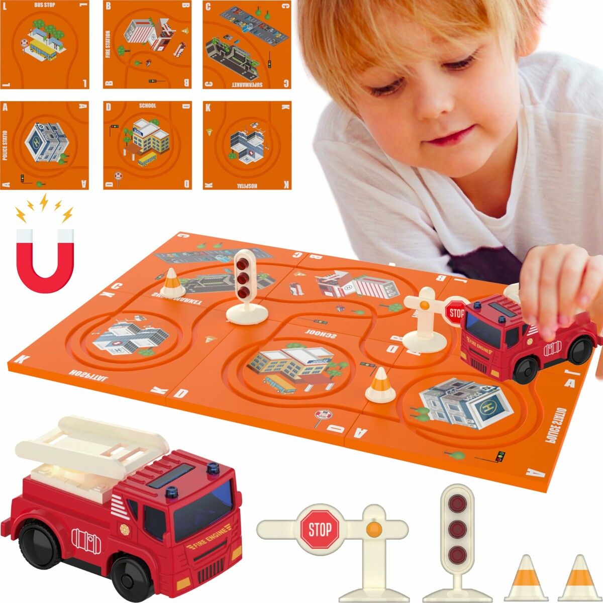 Puzzle Racer Kids Car Track Set with Fire Truck Vehicle Montessori Building Toy Rail Car Puzzle Gifts for 3+ Ages Boys(11 Pcs)