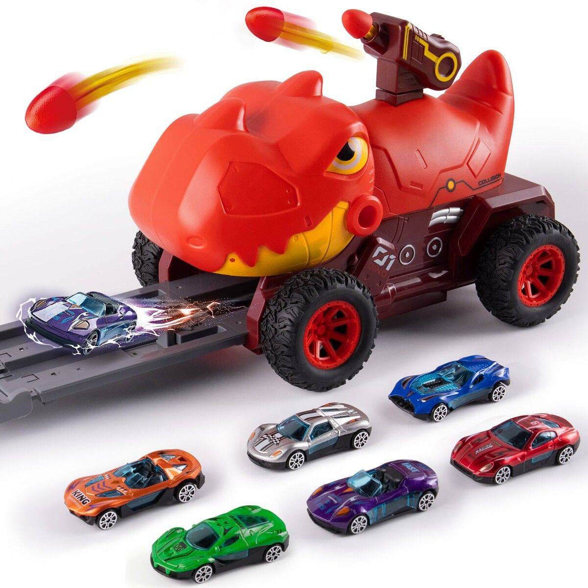 Truck Toys with 6 Die-Cast Metal Cars Foldable Track & Missile Launcher Birthday Gift Idea Toys for Kids Ages 3+(Red)