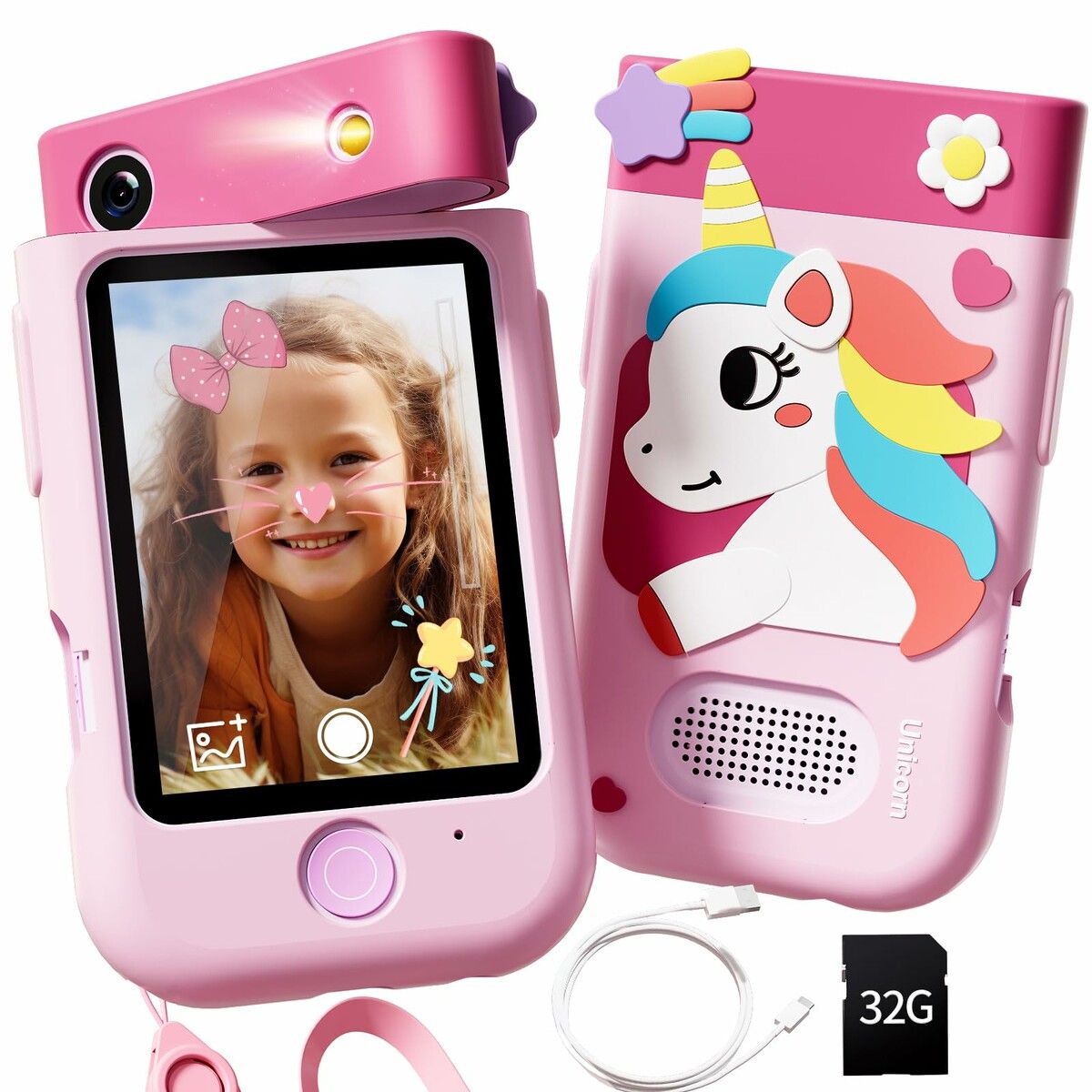 Kids Smart Phone Touchscreen 2.8 Inch Toddler Learning Toy with Rotating Camera Music Player 32G SD Card-Pink