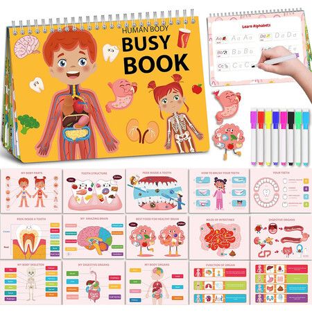 Human Body Preschool Busy Book 30 Pages Quiet Book, Montessori Learning Toys for Toddlers 3-5, Learning Activities Coloring Sticker Book