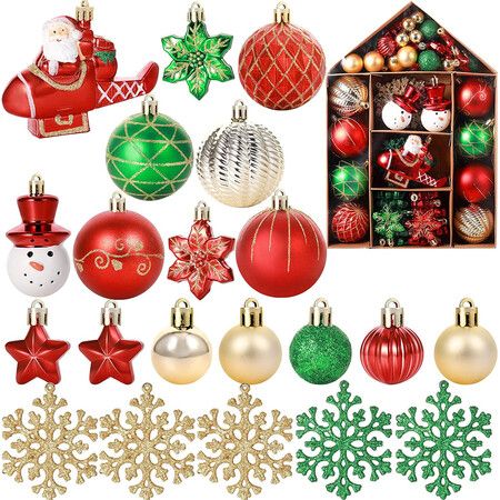 70 Pcs Christmas Tree Balls Ornaments Set Assorted Xmas Hanging Ornaments Balls with Hanging Loop for Christmas Tree, Red