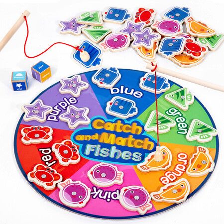 Montessori Fhing Toy,Fine Motor Skill Wooden Magnetic Fishing Game,Color and Shape Sorter for Age 3+ Girls Boys Educational Gift