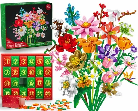 Advent Calendar 24 Days Flower Bouquet Building Block Christmas Countdown Calendar,Artificial Wildflower Botanical Collection