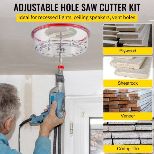 Adjustable Hole Saw Cutter Kit, 1-5/8" to 8" (40-200 mm), Two Replaceable Pilot Drill Bits, Twin Blade Recessed Hole Saw with PC Dust Shield, for Recessed Lights, Ceiling Speakers, Vent Holes
