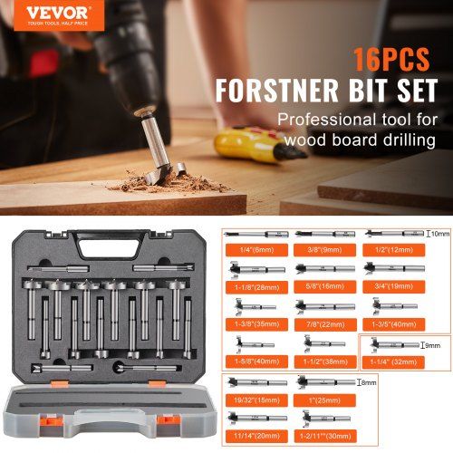 Forstner Bit Set, 16 Pcs Forstner Drill Bits Set, 1/4" to 1-5/8", Carbon Steel, with Universal Round Shank, Forstner Drill Bit for Wood and Composite Board, Forstner Bits for Woodworking