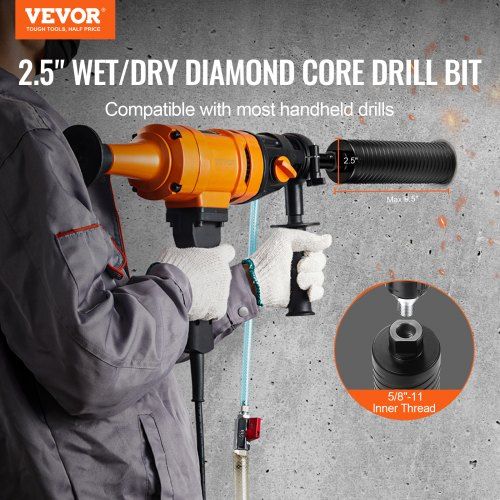 Core Drill Bit, 2.5" Wet/Dry Diamond Core Drill Bits for Brick and Block, Concrete Core Drill Bit with Pilot Bit Adapter and Saw Blade, 9.5" Drilling Depth, 5/8"-11 Inner Thread, Laser Welding