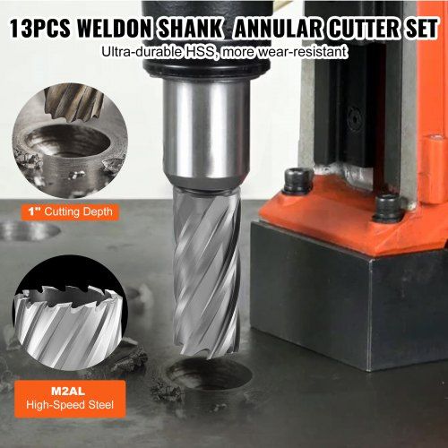 Annular Cutter Set, 13 pcs Weldon Shank Mag Drill Bits, 2" Cutting Depth, 7/16" to 1-1/16" Cutting Diameter, M2AL HSS, with 2 Pilot Pins, Hex Wrench and Portable Case, for Using with Magnetic Dr