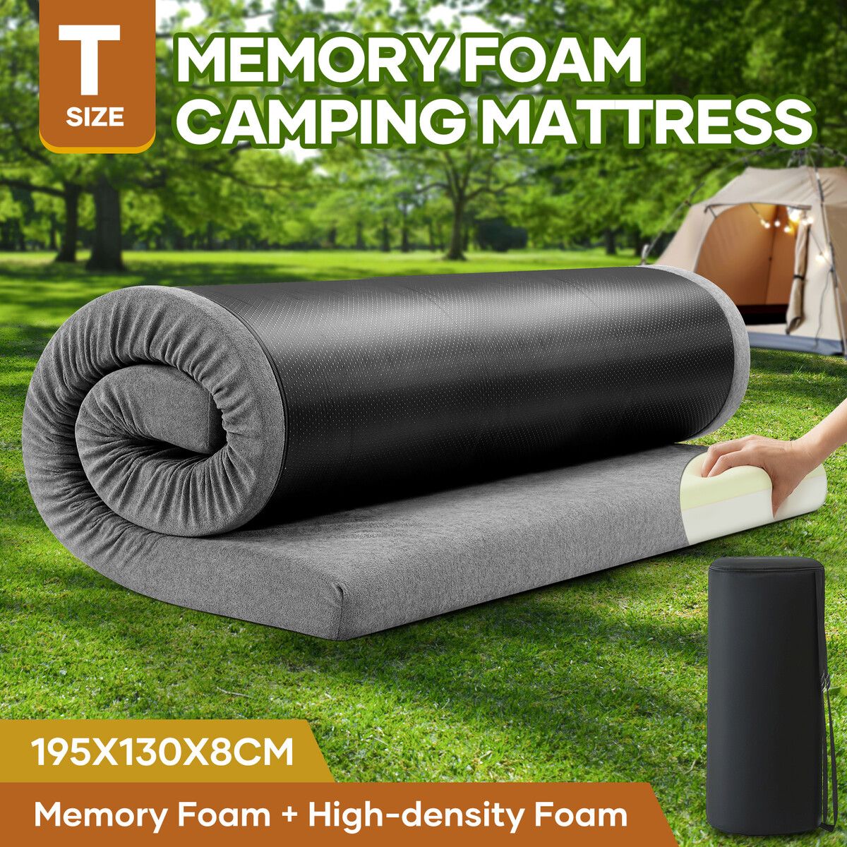 Memory Foam Mattress Twin Size Camping Floor Cushion Roll Up Portable Sleeping Travel Mat Thick Bed Couch Pad with Carrying Bag Grey