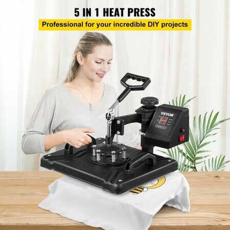 Heat Press 12 X 15 Inch 5 In 1 Heat Press 1250 W Heat Press Machine Swing Away Black Heat Press T-Shirt Sublimation Printer Transfer 360 Degree Rotation for DIY T-Shirts Hat and Shoes