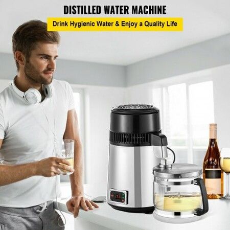 Countertop Water Distiller, 1.1 Gallon/4L, 750W Stainless Steel Distilled Water Making Machine, Purifier Filter with Glass Collection, Distilling Alcohol Whiskey for Home Use, CE Listed, Silver