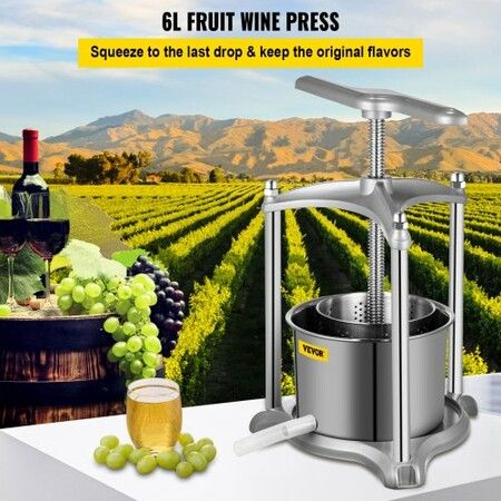 Fruit Wine Press, 1.6Gal Wine Press, 6L Fruit Cider Grinder w/Dual Stainless Steel Barrels, Manual Press Machine with Triangular Structure & T-Handle, for Cider Tincture Cheese Herb Vegetables