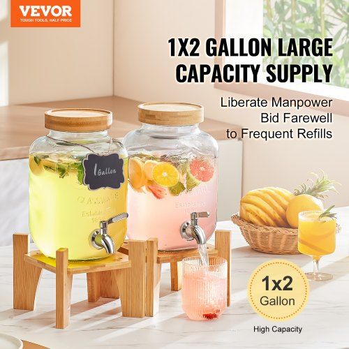 Beverage Dispenser, 1 Gallon Drink Dispensers for Parties, Glass Juice Dispenser with Stand, Stainless Steel Spigot, Iced Tea Lemonade Juice Water Dispenser, for Restaurants, Hotels, Parties