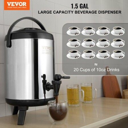 Stainless Steel Insulated Beverage Dispenser, 6 Liter, Thermal Hot and Cold Drink Server Dispenser with Spigot Handle, Food-grade for Hot Tea Coffee Water Restaurant Drink Shop