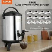 Stainless Steel Insulated Beverage Dispenser, 6 Liter, Thermal Hot and Cold Drink Server Dispenser with Spigot Handle, Food-grade for Hot Tea Coffee Water Restaurant Drink Shop