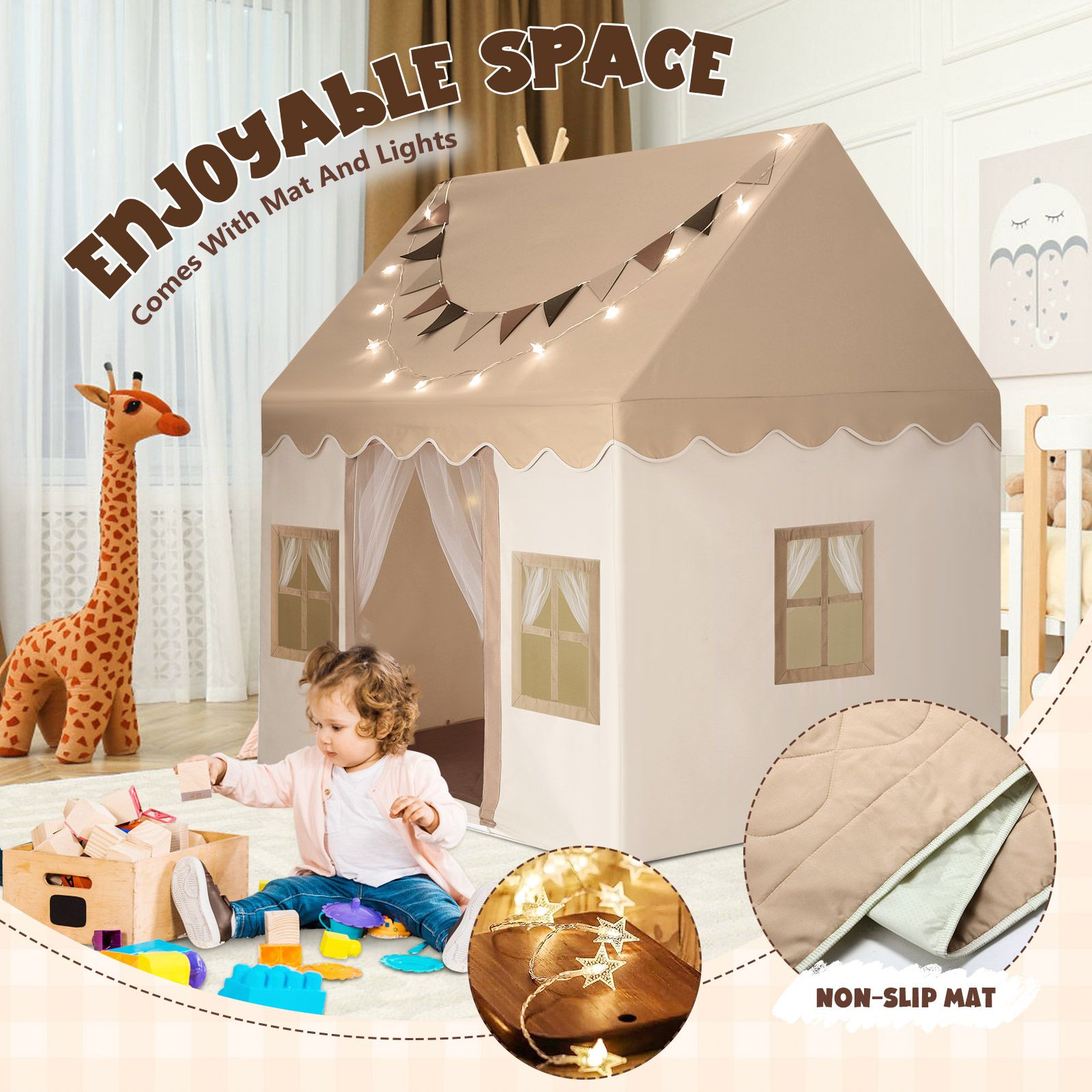 Kids Play Tent Playhouse Childrens Playroom Princess Castle Indoor Outdoor House Activity Centre Toy Gift with Mat Star Lights Banner Door Windows