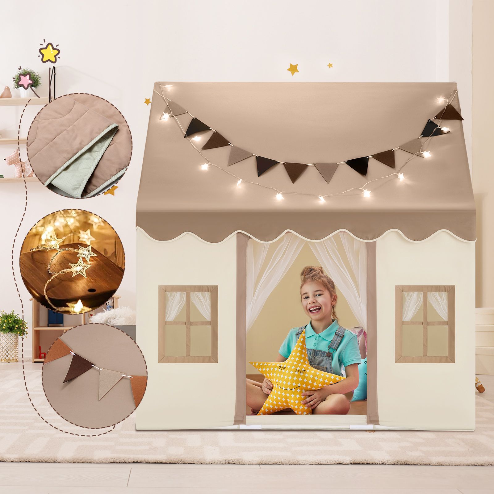 Kids Play Tent Playhouse Childrens Playroom Princess Castle Indoor Outdoor House Activity Centre Toy Gift with Mat Star Lights Banner Door Windows