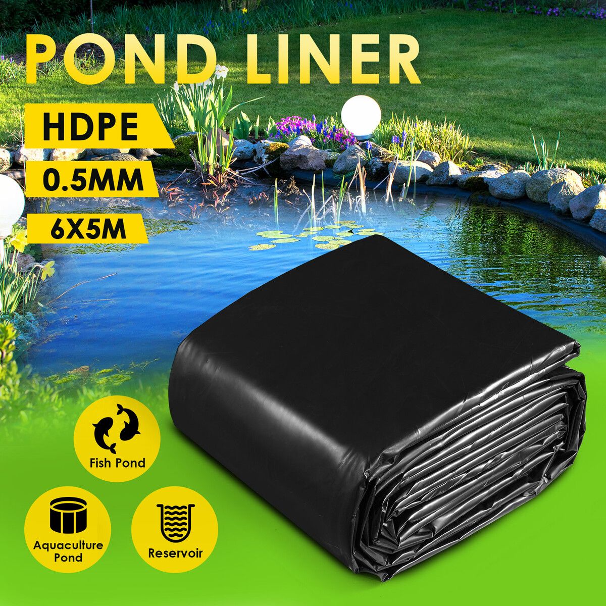 5x6m Pond Pool Liner HDPE Fish Water Garden Skin Waterfall Pad Black Fountain Reservoir Koi Landscaping Aquaculture Farming Sewage Heavy Duty 0.5mm