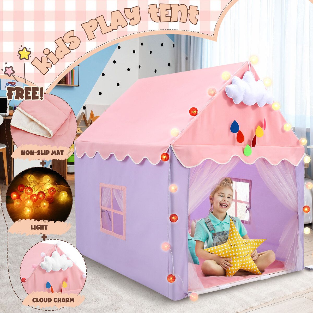 Kids Play Tent Playhouse Childrens Princess Castle Indoor Outdoor Game with Mat String Lights 1 Door 2 Windows Toys Boys Girls House Playset