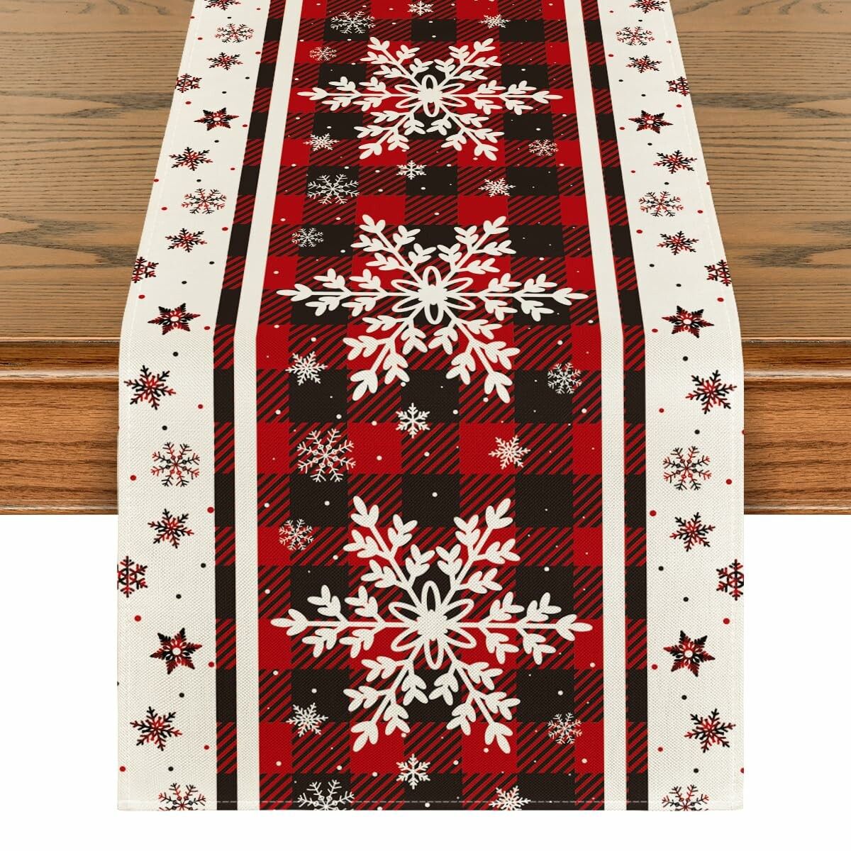 Buffalo Plaid Snowflakes Christmas Table Runner,Seasonal Winter Kitchen Dining Table Decoration 13x72 Inch