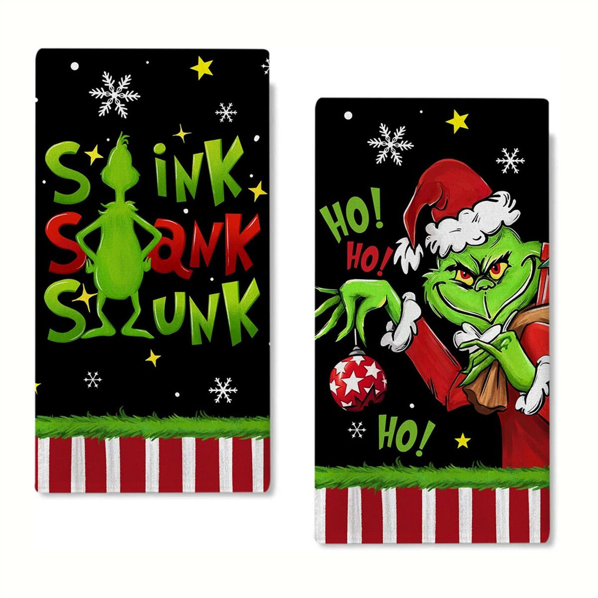 Merry Christmas Kitchen Dish Towel Set of 2, Grinch Christmas Hand Drying Baking Cooking Cloth, Winter Holiday Xmas Decor Home Decorations