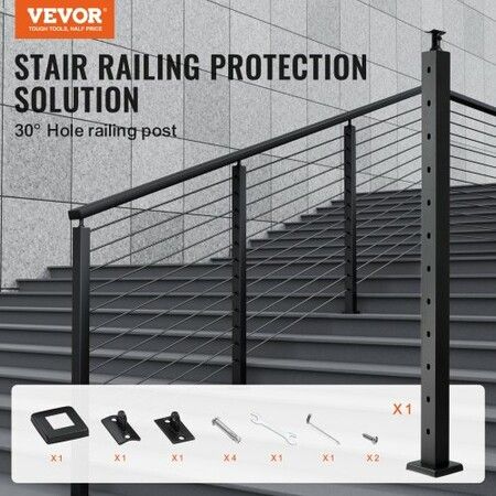 Cable Railing Post 42" x 2" x 2" Steel 30 degree Angled Hole Stair Railing Post 12 Pre-Drilled Holes SUS304 Stainless Steel Cable Rail Post