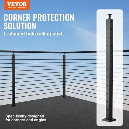 Cable Railing Post 42" x 2" x 2" Steel L-Shaped Hole Corner Railing Post 12 Pre-Drilled Holes SUS304 Stainless Steel Cable Rail Post