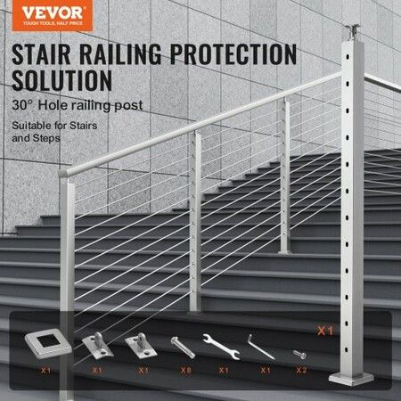 Cable Railing Post 42" x 2" x 2" Steel 30degree Angled Hole Stair Railing Post 12 Pre-Drilled Holes SUS304 Stainless Steel Cable Rail Post
