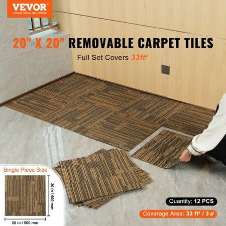 Carpet Tiles Reusable 20"x 20"Carpet Squares With Padding Attached Soft Padded Carpet Tiles Easy Install DIY for Bedroom Living Room (12Tiles Mixed Brown)