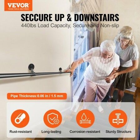 Pipe Stair Handrail 11FT Staircase Handrail 440LBS Load Capacity Carbon Steel Pipe Handrail Industrial Pipe Handrail with Wall Mount Support Round