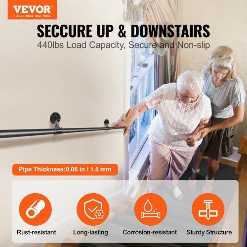 Pipe Stair Handrail Staircase Handrail 8 FT Carbon Steel for Wall Mount