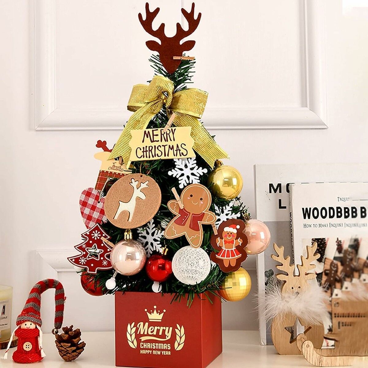 DIY 60cm Desktop Christmas Tree Office Decors Artificial Pine Tree with Ornaments LED String Lights Decorations
