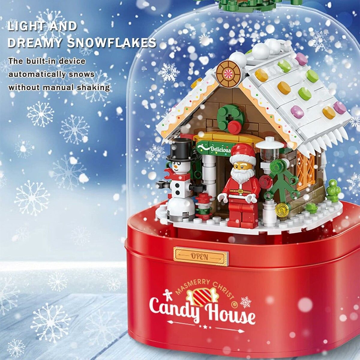 Christmas Music Box Building Block Kit,with Auto Rotating Snow Play Christmas Music for Christmas New Year Gifts